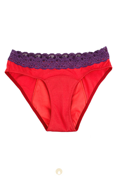 culotte menstruelle rouge framboise avec dentelle violette